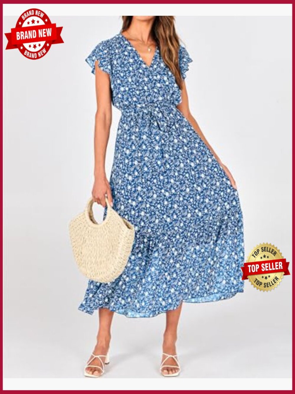 Bohemian Wrap V Neck Ruffle Sleeveless Midi Dress - Picture 3 of 7
